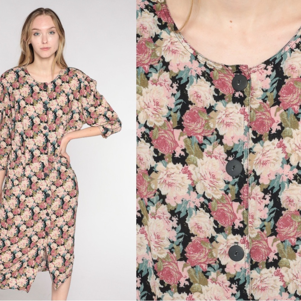 Vintage 1990's black floral secretary midi dress with pockets XL